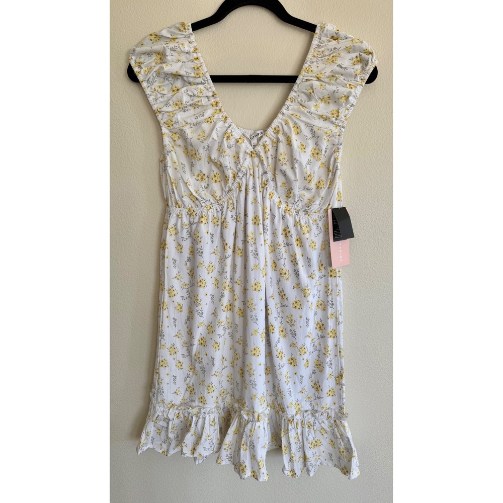 Celebrity Pink White Yellow Ruched V-Neck Floral Mini Dress Size XS Summer Y2K